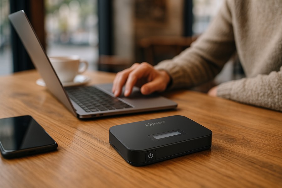 JEXtream RG350 mobile hotspot supporting work in a coffee shop setting